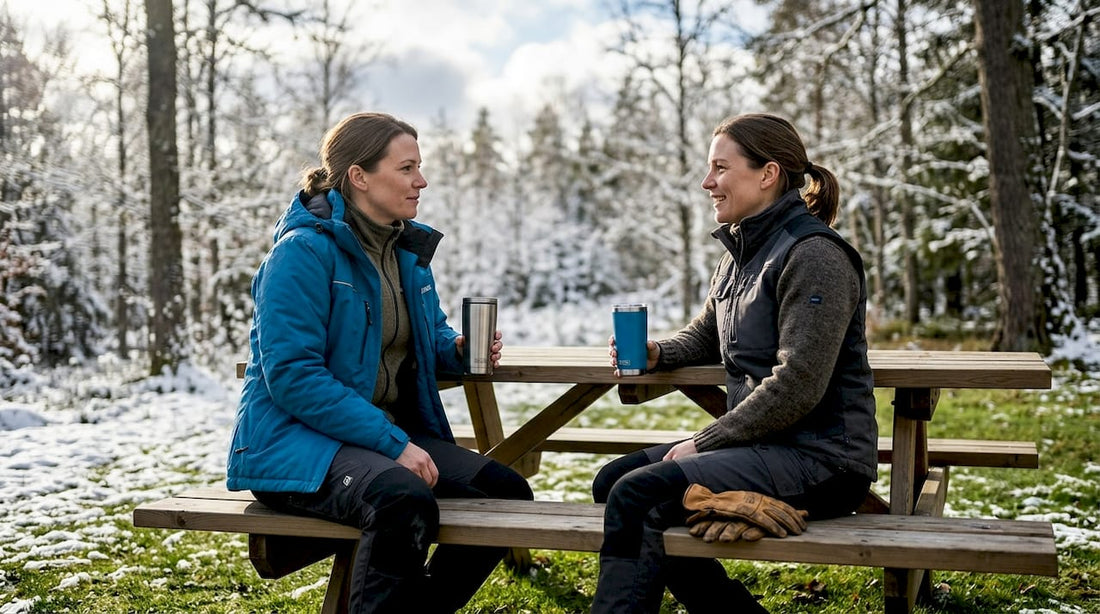 Två personer njuter av en fika tillsammans utomhus vid ett rejält träbord.