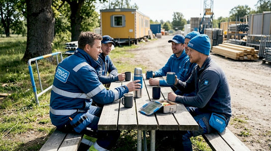 Några byggjobbare passar på att ta en fikapaus ute vid ett träbord.