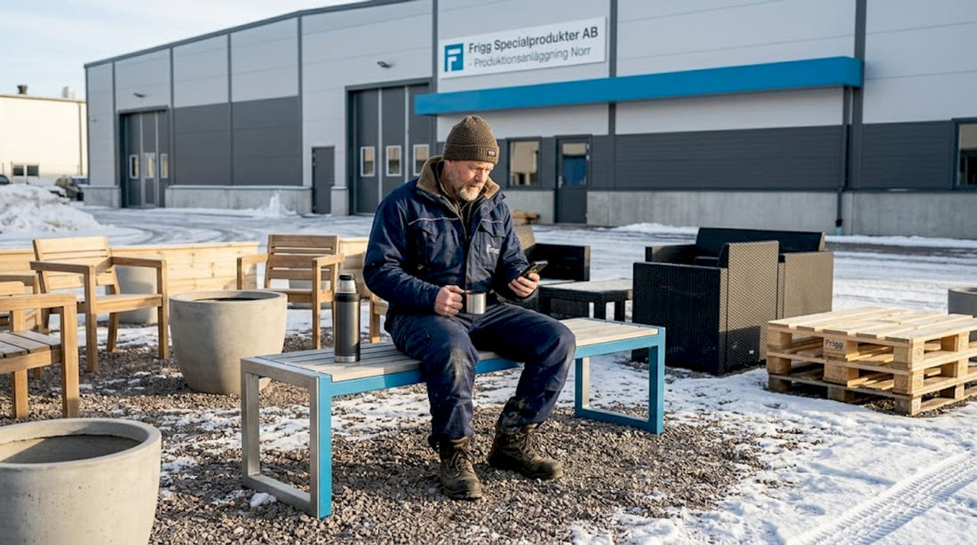 Industrimiljö där personalen tar en paus vid utemöblerna