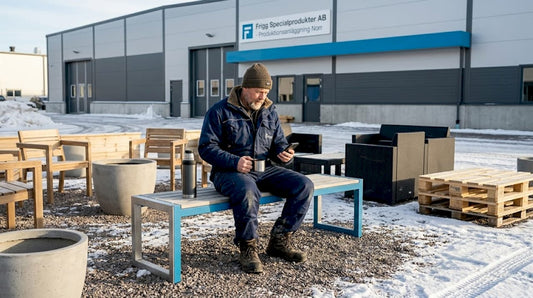 Industrimiljö där personalen tar en paus vid utemöblerna