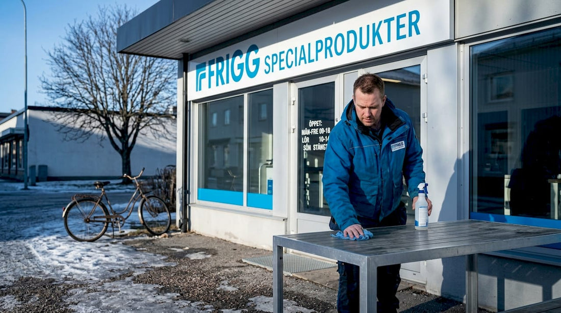 Butikschefen gör rent utemöblerna av aluminium utanför butiken.