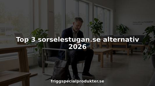 En man går runt i butiken och inspekterar utemöbler i trä.