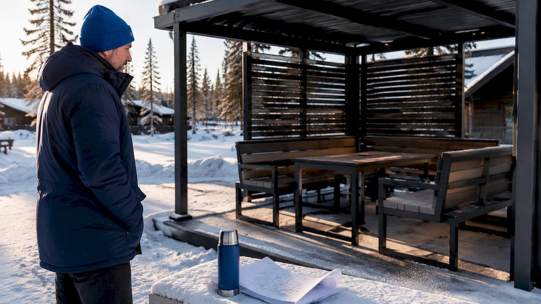 En designer granskar utemöbler vid skidorten, mitt i snön.