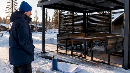 En designer granskar utemöbler vid skidorten, mitt i snön.