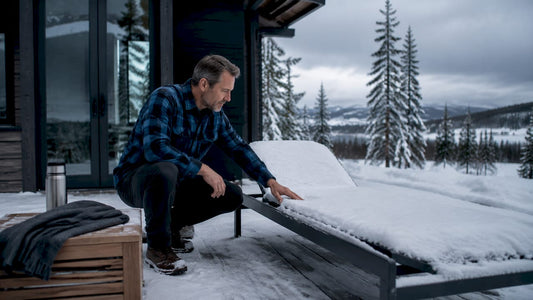 En man står ute i snön och granskar en utestol av aluminium.