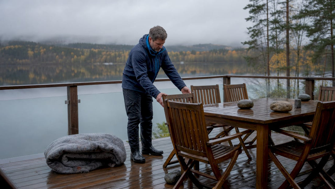 En man ställer i ordning utemöbler på altanen en solig dag i Norrland.