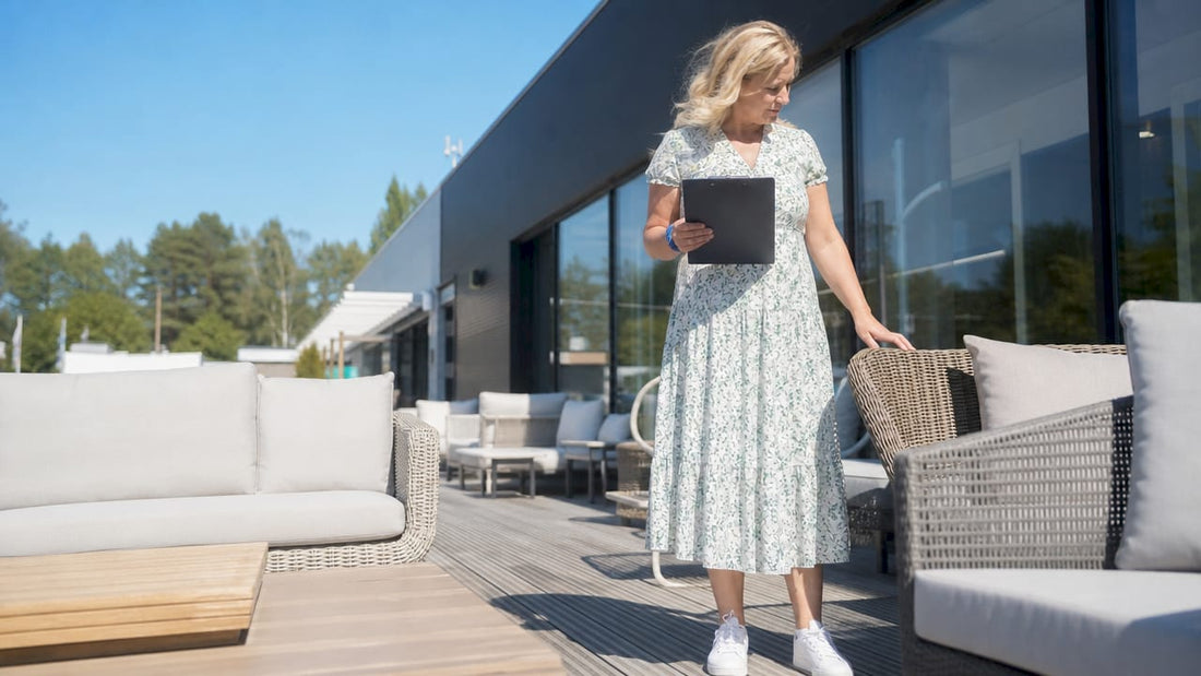 En kvinna står vid butikens entré och tittar närmare på utemöblerna som står uppställda där.