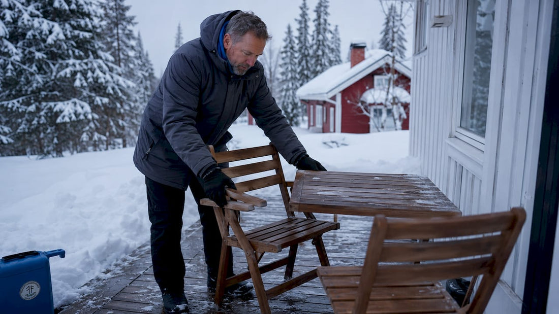En man ställer ut trädgårdsmöbler på den snötäckta stenaltanen.