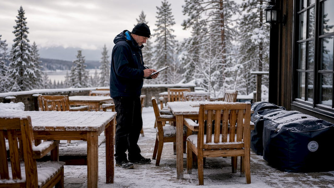 Hotellterrass med rejält trämöblemang omgiven av snö