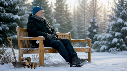 En man sitter på en bänk i ett snötäckt norrländskt vinterlandskap.