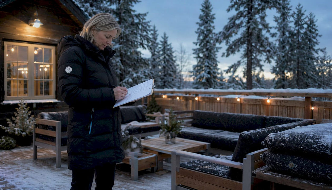 Hotelldirektören går runt på uteplatsen och ser över utemöblerna för att säkerställa att allt är i gott skick inför gästerna.