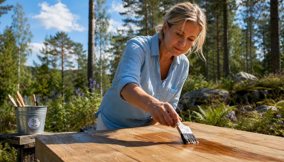 En kvinna behandlar sina utemöbler i trä med olja för att skydda dem mot det nordiska vädret.