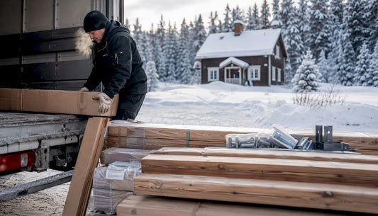 Leveransen av trädelar till möbler lossas på en snötäckt uppfart någonstans i Norrland.