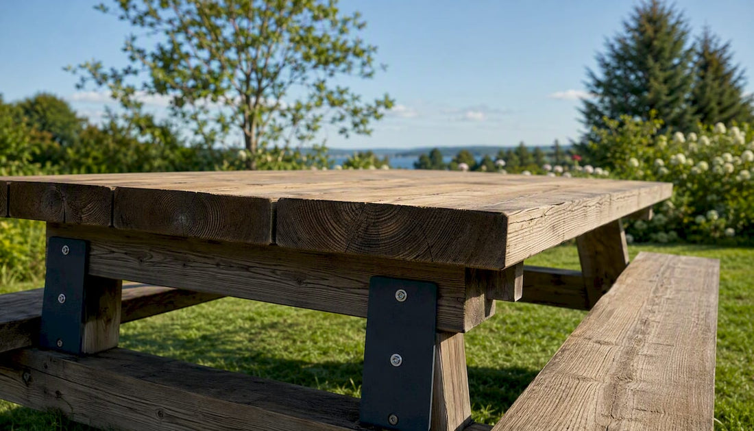 Detaljbild på ytan av ett nordiskt utebord i trä