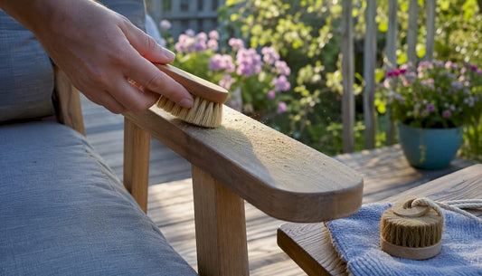 Händer som sveper bort pollen från armstödet på en trästol
