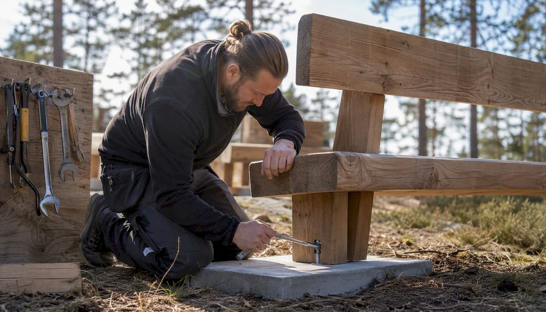 Händer som monterar fast bult i en träbänk