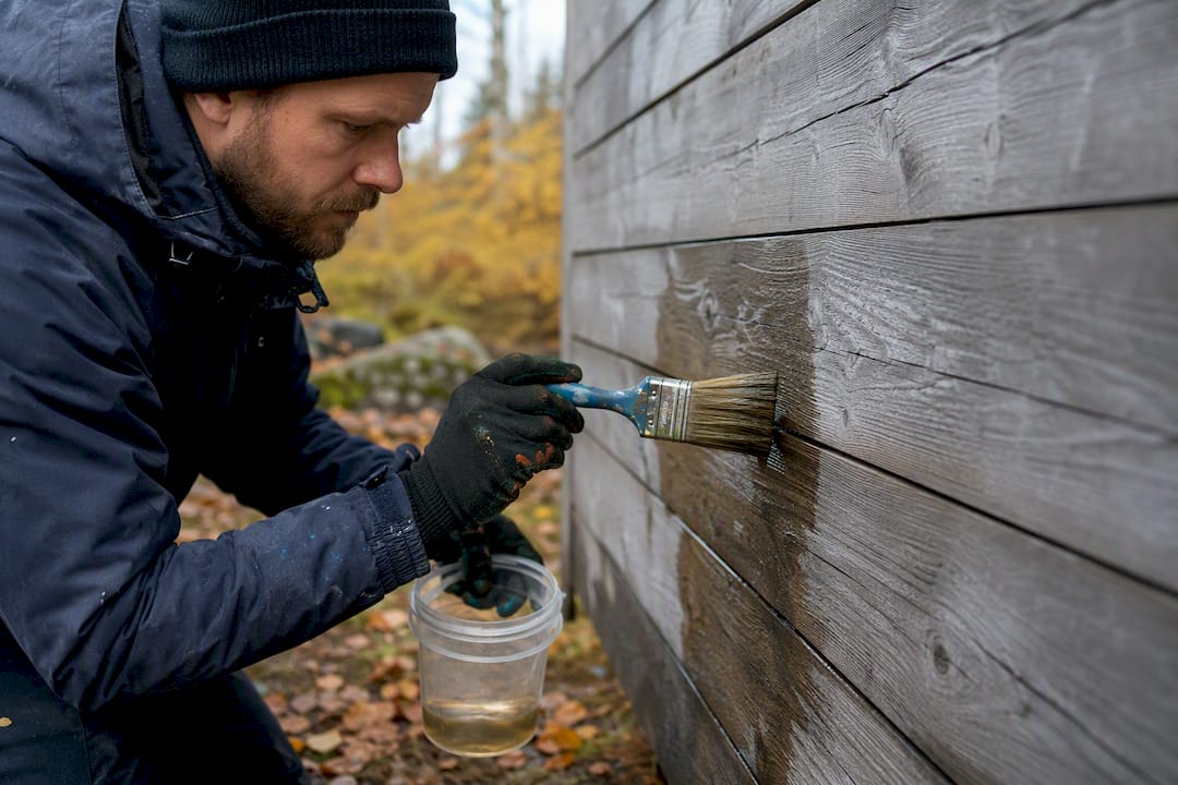 Händer som applicerar klotterskydd på träytor