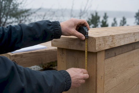 Händer som mäter en träbänk för utomhusbruk
