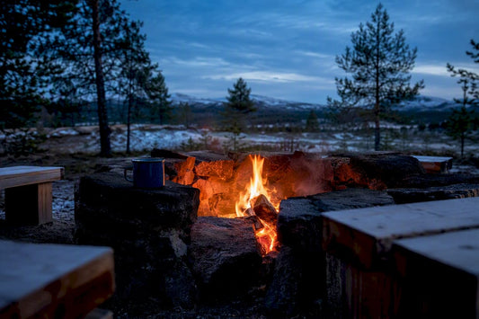 Grillplats med eldstad av sten och träbänkar
